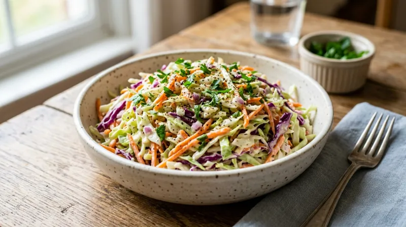 Une photo d'un bol de salade coleslaw fraîche avec du chou râpé et des carottes