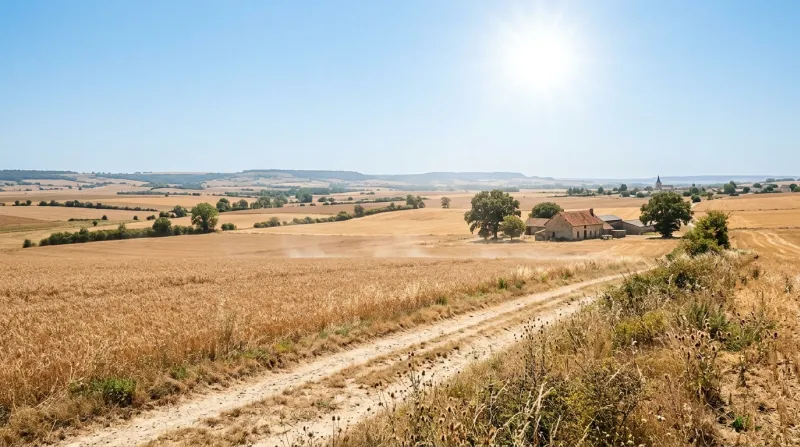 Une photo d'un paysage dans l'Aube sous un soleil de plomb évoquant une forte chaleur