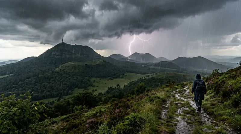 Une photo du paysage de la chaîne des Puys dans le Puy-de-Dôme sous la pluie et l'orage.