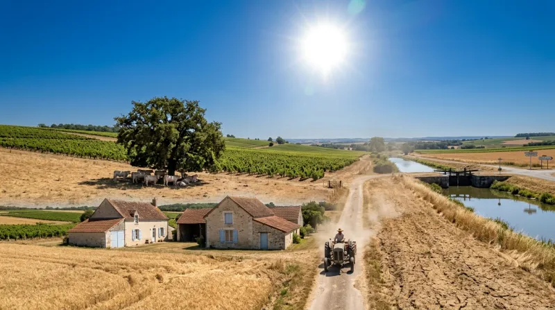 Une photo d'un paysage ensoleillé dans le département du Cher sous un ciel bleu et un soleil éclatan