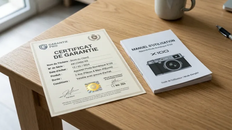 Une photo d'un certificat de garantie et d'un manuel d'utilisation posés sur une surface claire.