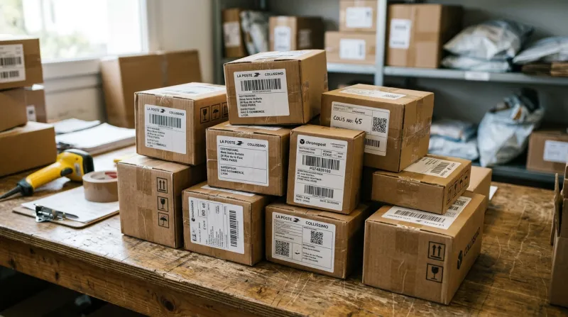 Une photo de plusieurs petits colis en carton avec des étiquettes de livraison