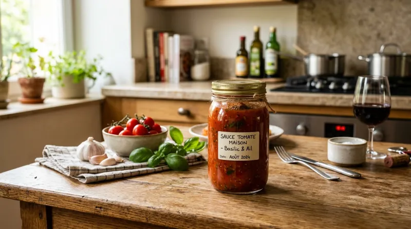 Une photo d'un bocal de sauce tomate pour pâtes posé sur une table de cuisine