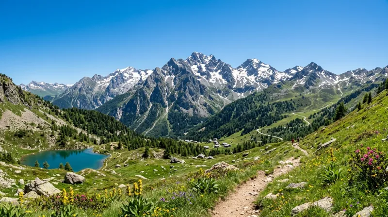 Une photo d'un paysage des montagnes de l'Isère sous un soleil intense et un ciel dégagé