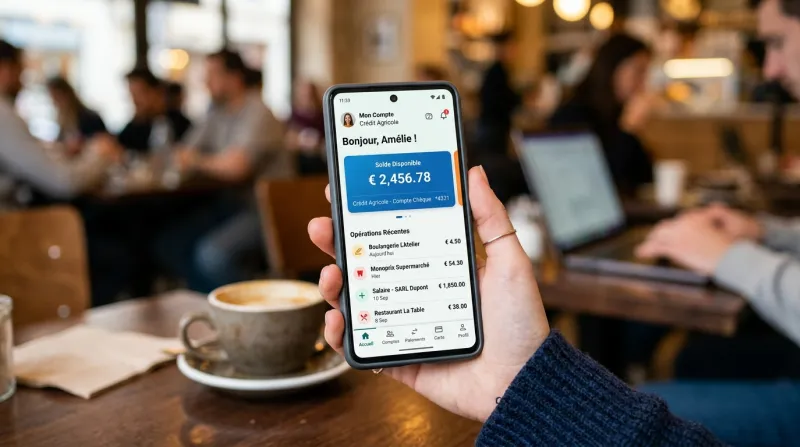 Une photo d'un smartphone affichant une application de gestion de compte bancaire