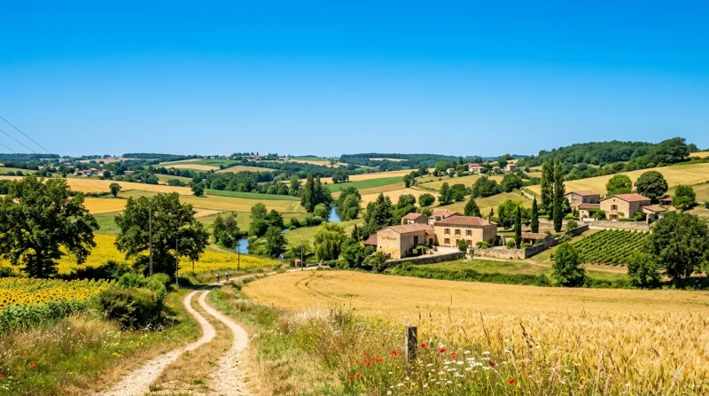 Une photo d'un paysage rural en Charente sous un soleil éclatant et un ciel bleu sans nuages