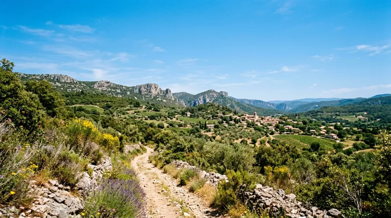Une photo d'un paysage ensoleillé dans l'Hérault avec une végétation méditerranéenne sous un ciel bl