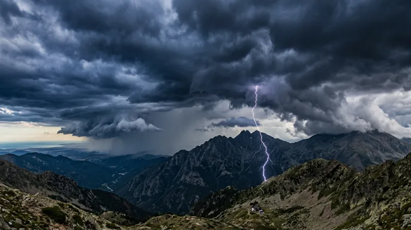 Une photo des sommets des Pyrénées-Orientales sous un ciel d'orage avec une activité électrique isol