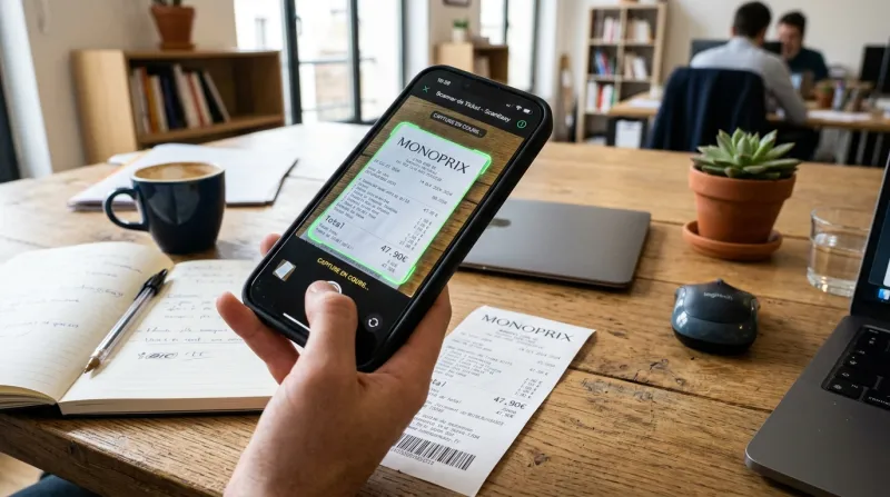 Une photo d'un smartphone en train de numériser un ticket de caisse sur un bureau