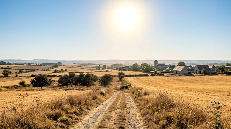 Une photo d'un paysage du Calvados sous un grand soleil de canicule