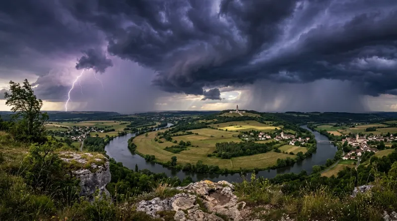 Une photo d'un paysage de la Meuse sous un ciel d'orage