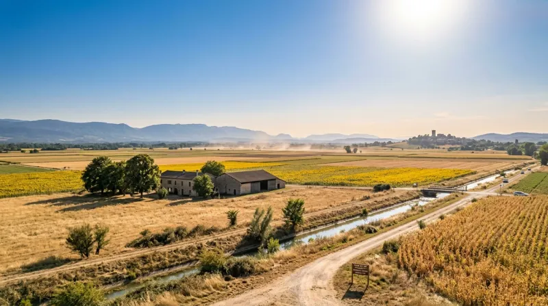 Une photo d'un paysage de plaine dans l'Ain sous un soleil radieux et une forte chaleur