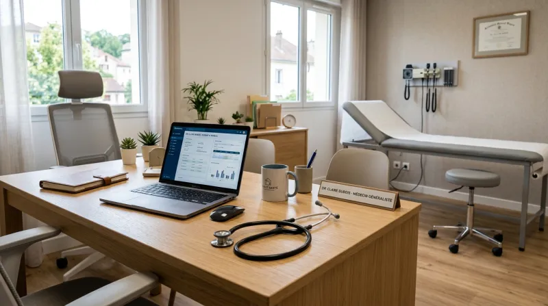 Une photo d'un cabinet médical moderne et professionnel avec un stéthoscope sur un bureau.