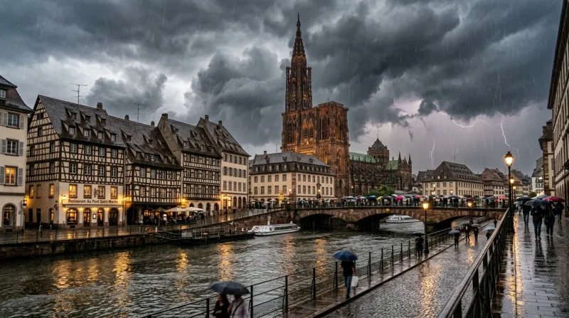 Une photo de la ville de Strasbourg sous un ciel d'orage avec de la pluie