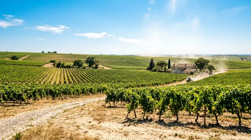 Une photo d'un paysage de vignoble en Gironde sous un soleil éclatant illustrant une forte chaleur
