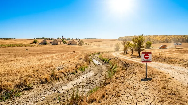 Une photo d'un paysage en Essonne sous un soleil intense illustrant la forte chaleur et la sécheress