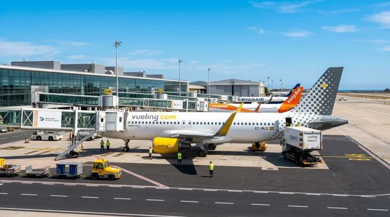 Une photo d'un avion de la compagnie Vueling sur le tarmac d'un aéroport par une journée ensoleillée