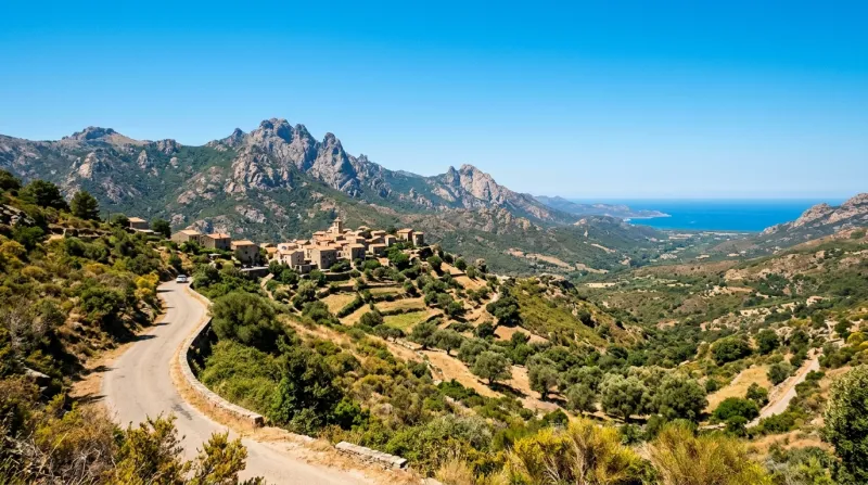 Une photo d'un paysage ensoleillé en Haute-Corse sous un ciel bleu éclatant pendant une journée de f