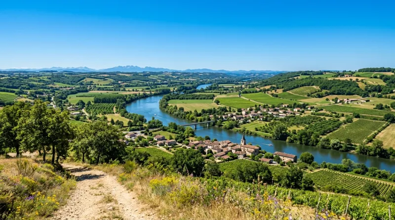 Une photo d'un paysage de la vallée de la Garonne sous un soleil intense et un ciel parfaitement dég