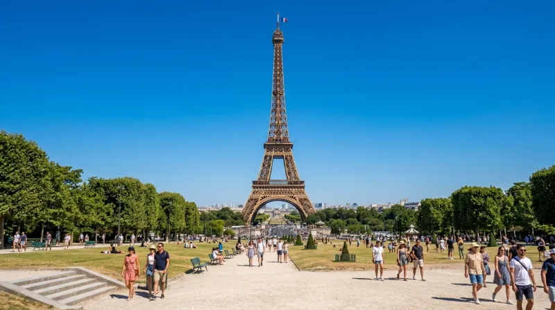 Une photo de la Tour Eiffel à Paris sous un ciel bleu et un soleil éclatant de canicule