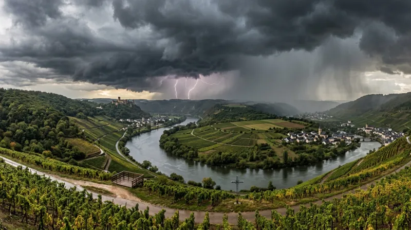 Une photo d'un paysage de la Moselle sous un ciel d'orage