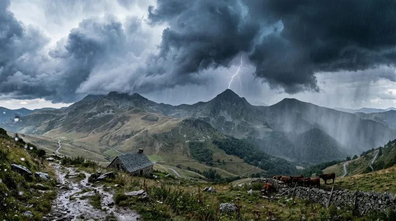 Une photo des montagnes du Cantal sous un ciel d'orage avec de la pluie