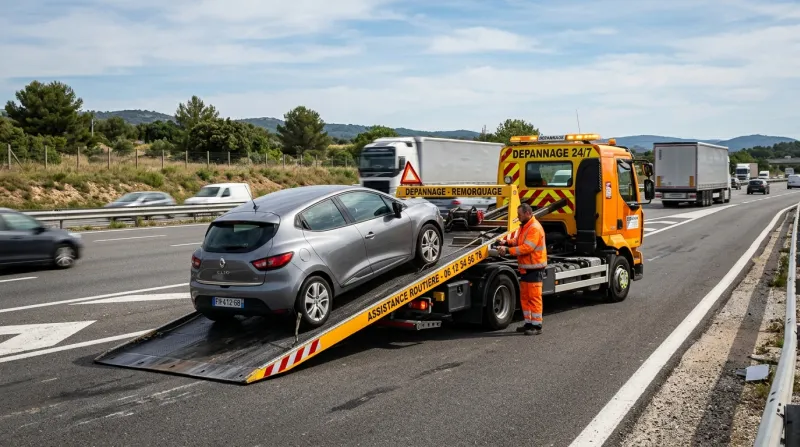 Une photo d'une dépanneuse intervenant sur une voiture sur le bord d'une autoroute