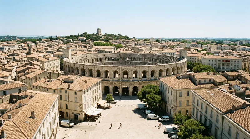 Une photo de la ville de Nîmes sous un soleil de plomb