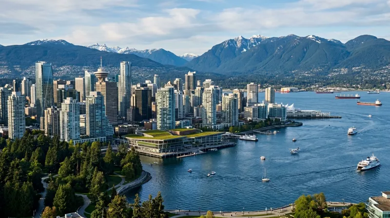 Une photo de la ville de Vancouver avec ses gratte-ciel bordés par l'océan et les montagnes en arriè