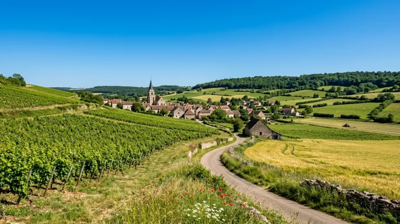 Une photo d'un paysage rural de la région Bourgogne-Franche-Comté sous un soleil éclatant et un ciel