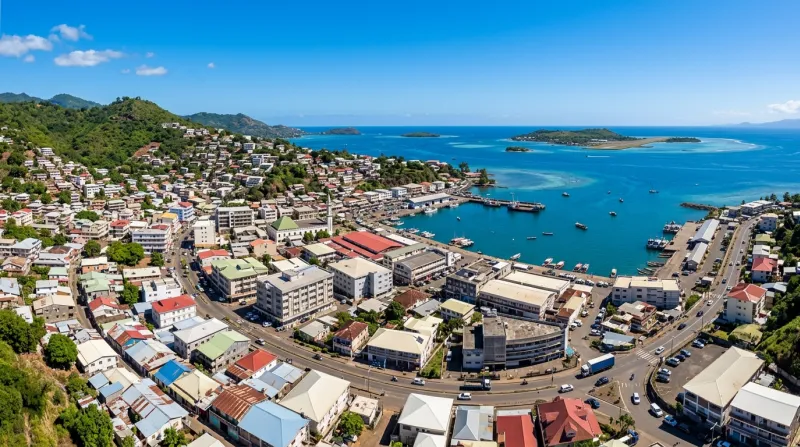 Une photo d'un paysage urbain de la ville de Mamoudzou à Mayotte sous un ciel dégagé
