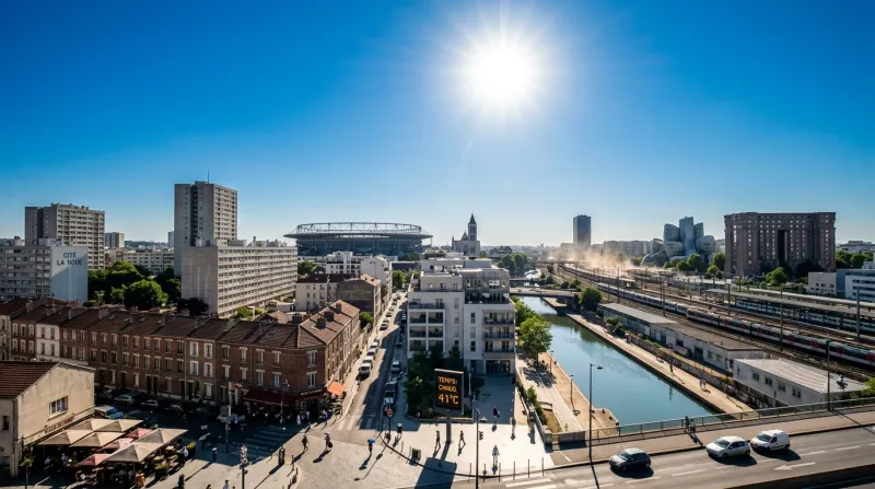 Une photo d'un paysage urbain en Seine-Saint-Denis sous un soleil radieux et une forte chaleur