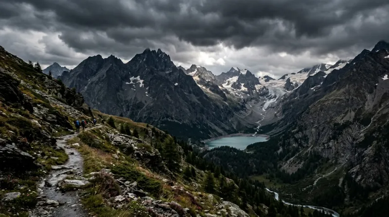 Une photo d'un paysage montagneux des Hautes-Alpes sous un ciel orageux et sombre
