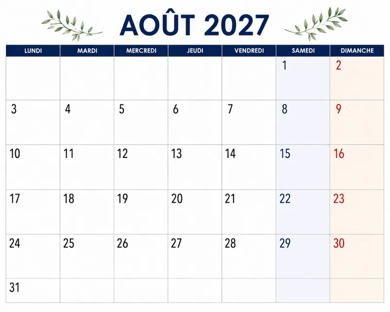 Calendrier août 2027