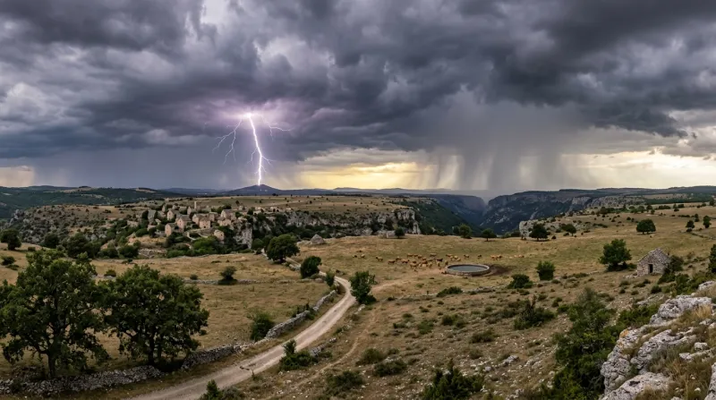 Une photo d'un paysage de plateaux en Aveyron sous un ciel d'orage d'été