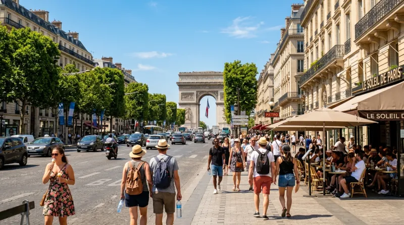 Une photo de la ville de Paris sous un soleil intense illustrant une forte chaleur.