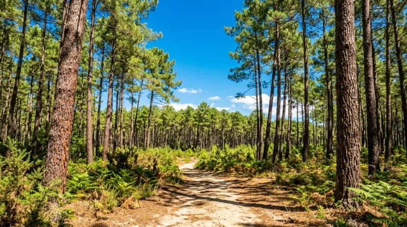 Une photo d'une pinède dans les Landes sous un soleil intense et un ciel bleu azur