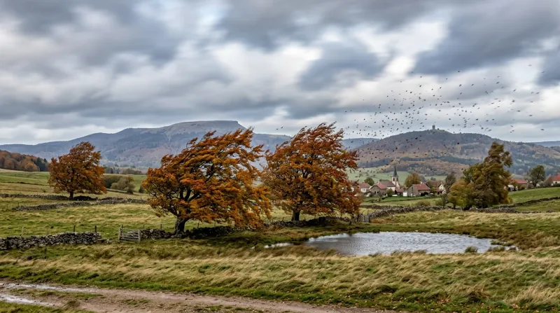 Une photo d'un paysage du Territoire de Belfort sous un vent fort avec des arbres en mouvement