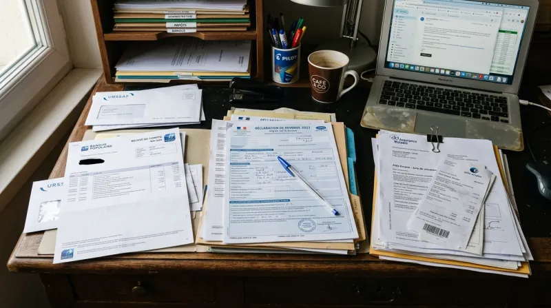 Une photo de documents administratifs et de relevés de situation posés sur un bureau