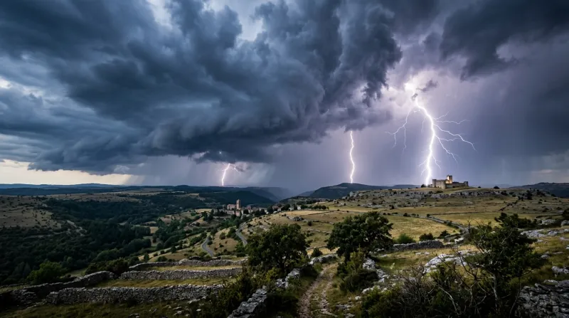 Une photo d'un paysage de l'Aveyron sous un ciel d'orage avec des impacts de foudre