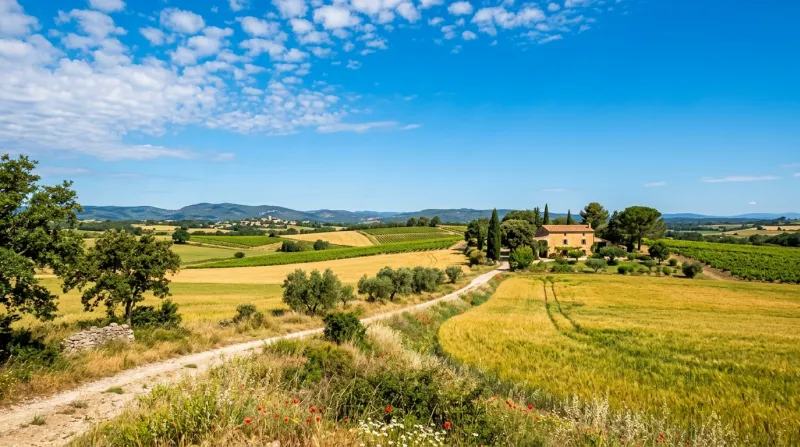 Une photo d'un paysage ensoleillé dans les plaines du Gard sous un ciel bleu éclatant