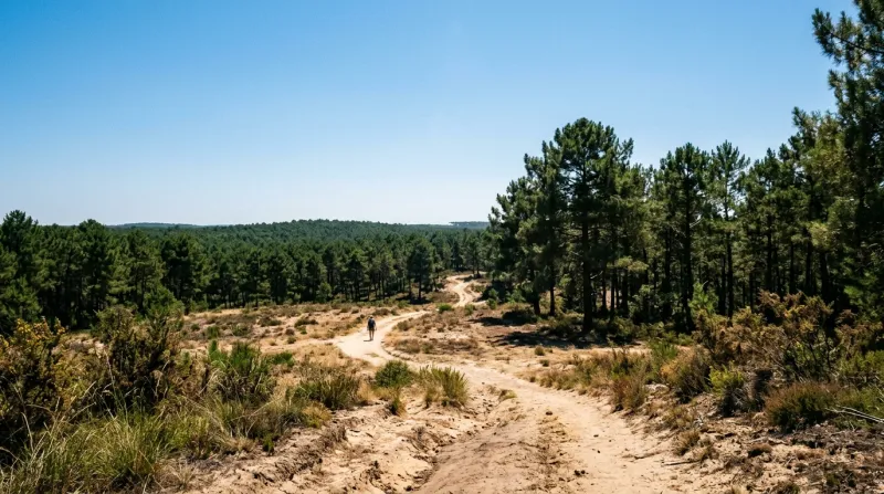 Une photo d'un paysage des Landes sous un soleil de plomb et un ciel bleu dégagé