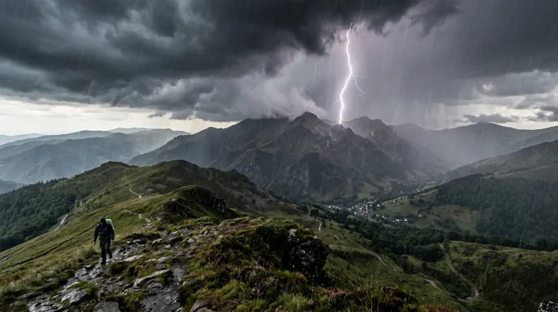 Une photo des paysages montagneux du Cantal sous un ciel d'orage avec des éclairs et de la pluie