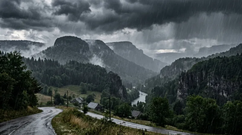 Une photo d'un paysage de relief dans le Doubs sous un ciel d'orage avec de fortes pluies intenses