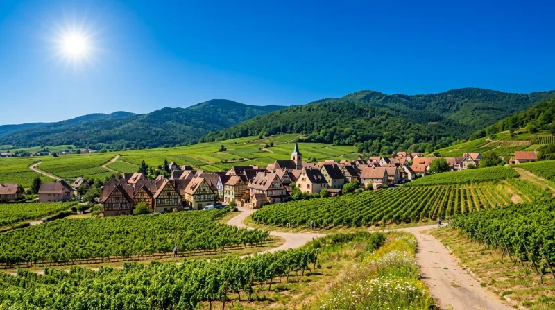 Une photo d'un paysage de l'Est de la France sous un soleil radieux et un ciel bleu sans nuages