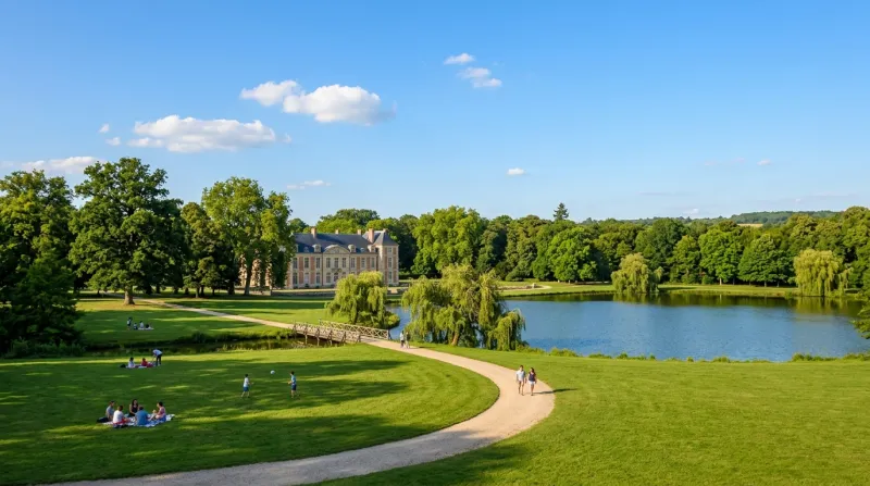 Une photo d'un parc verdoyant en Essonne sous un ciel bleu et ensoleillé