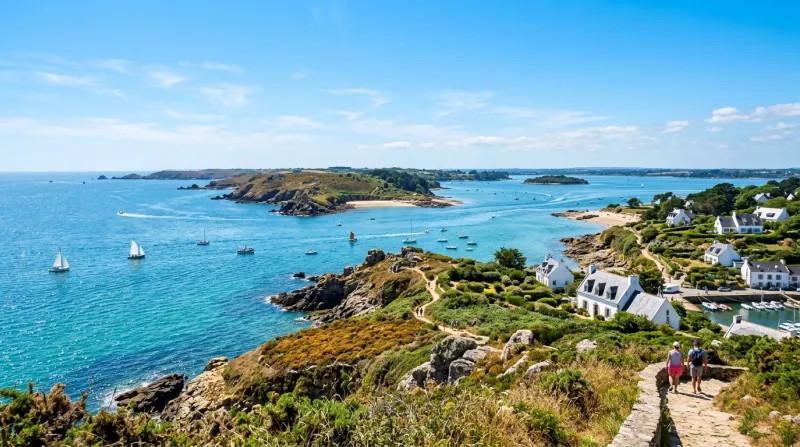 Une photo d'un paysage côtier du Morbihan sous un ciel bleu et très ensoleillé