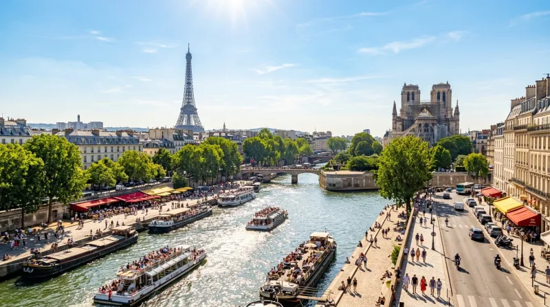 Une photo de la ville de Paris sous un soleil radieux et une forte chaleur estivale