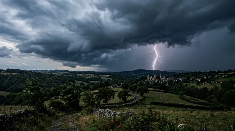 Une photo d'un paysage dans l'Allier sous un ciel d'orage avec des nuages menaçants et des éclairs
