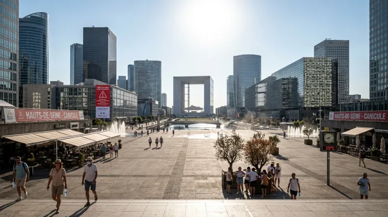 Une photo d'un paysage urbain dans les Hauts-de-Seine sous un soleil éclatant et une forte chaleur
